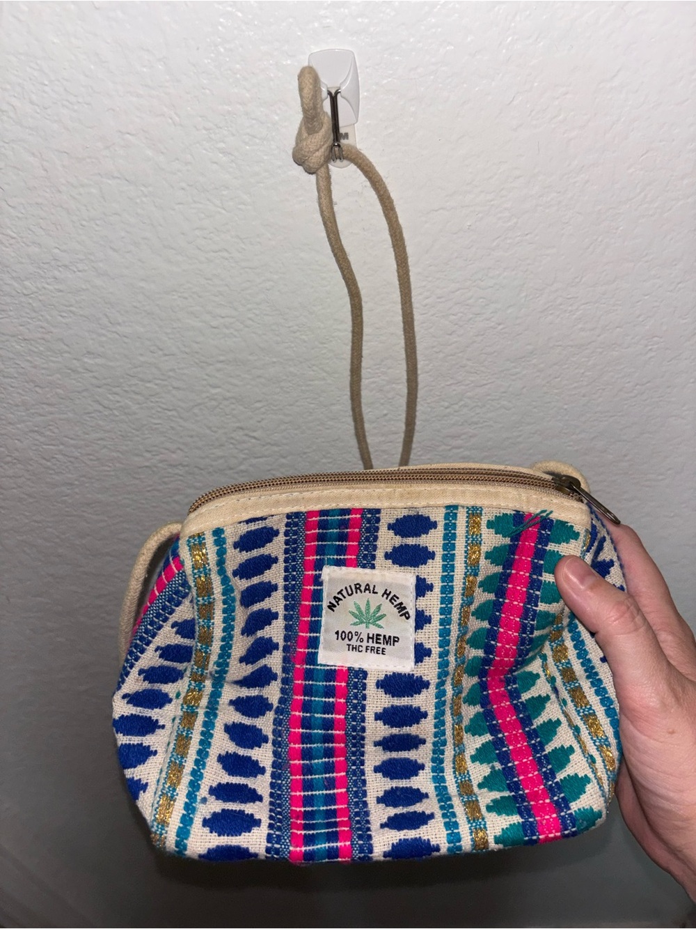 Natural Hemp Woven Crossbody Bag - Multicolor Geometric Print